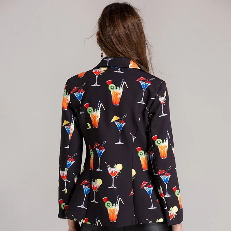 SEQINYY Black Blazer Autumn New Fashion Design Long Sleeve Women Wine Glass Printed Female Jacket