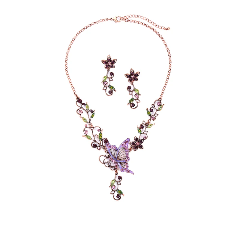 Fashion Necklace Jewelry Vintage Style Unique Crystal Enamel Butterfly Flowers Statement Earing For Women Set | Украшения и