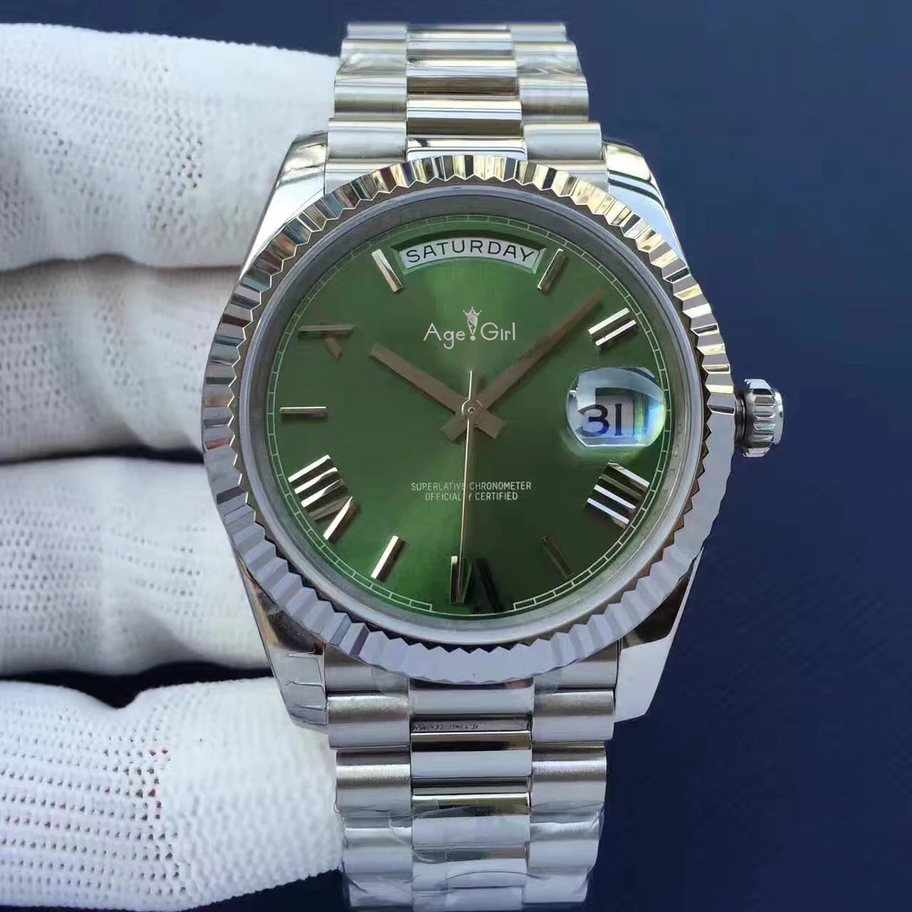 Silver Green Роскошные брендовые новые мужские часы с золотым, серебряным, красным циферблатом и бриллиантами, автоматические механические часы из нержавеющей стали с сапфиром, President, 41 мм - Цвет: Silver Green