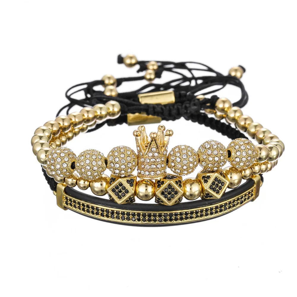 

3pcs/Set Hip Hop Gold Crown Bracelets 8MM Cubic Micro Pave CZ Ball Charm Braided Braiding Men Luxury bracelet Jewelry Pulseira