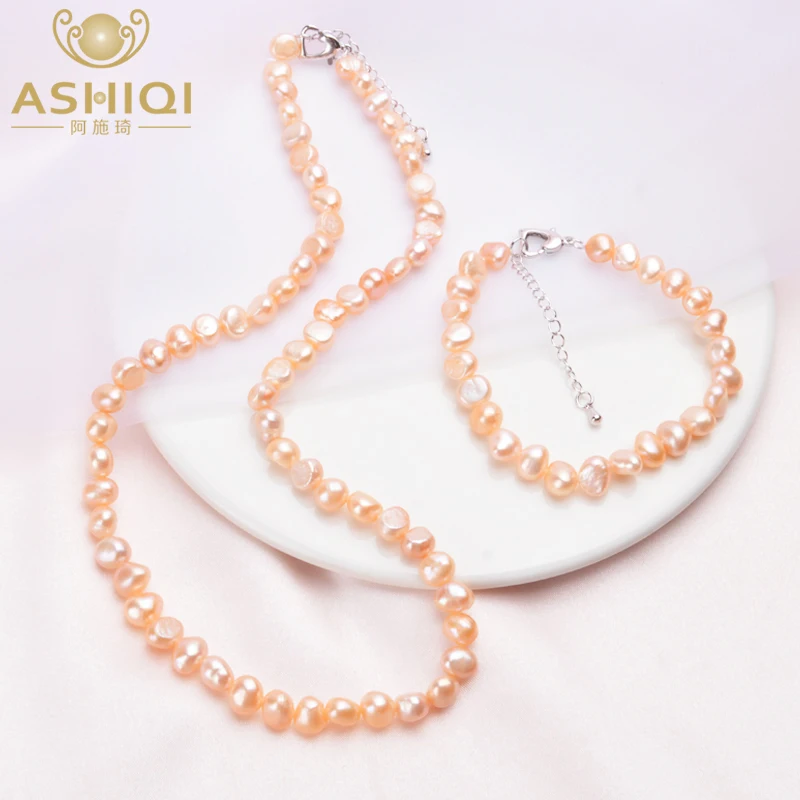 Женский ювелирный комплект из жемчуга ASHIQI ожерелья и браслета с натуральным