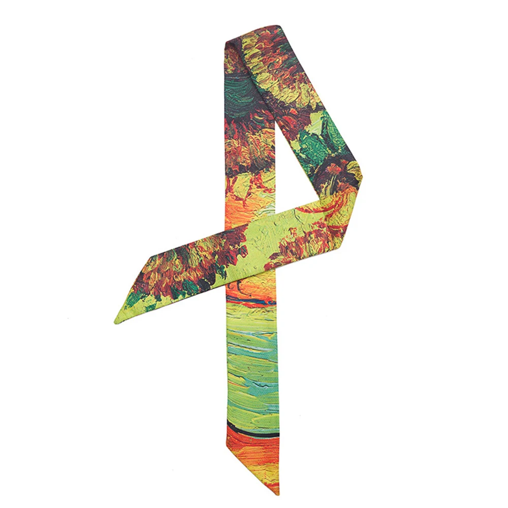 

Luxury Brand Skinny Twill Silk Women Bag Scarf Oil Painting Starry Sky Small Ribbon Head Hair Handle Scarf Fashion