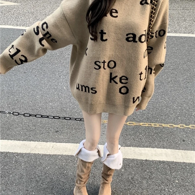 Свитер с надписью Женская свободная верхняя одежда круглым вырезом свитер