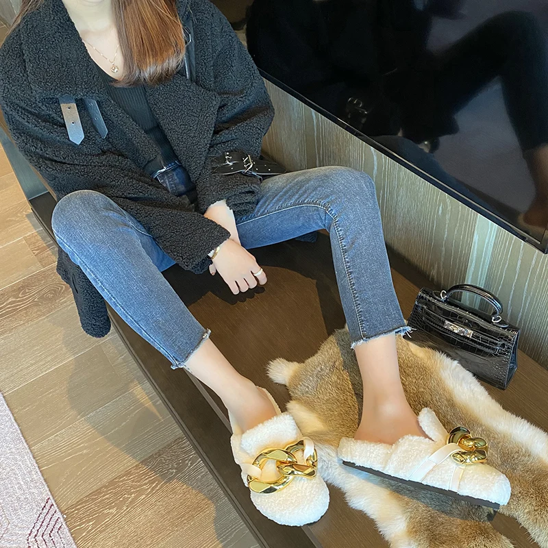 

WEIBATE Brand Design Women Slipper Fashion Gold Chain Slip On Mules Shoes Winter Warm Lambswool Slides Casual Flat Flip Flop