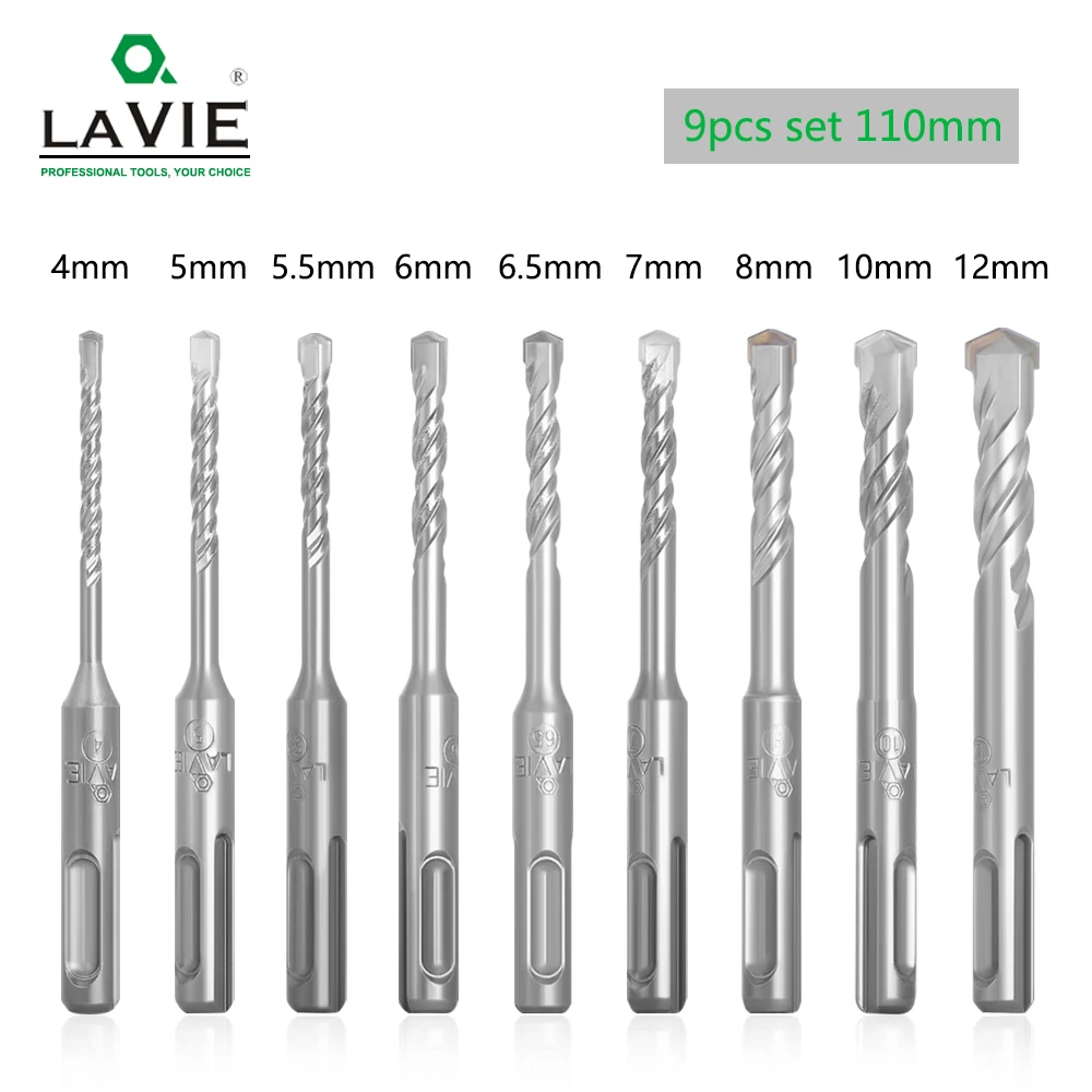 LAVIE 9pcs Electric Hammer SDS Plus Drill Bits Set 110mm Concrete Wall Brick Block Masonry Hole Saw Drilling 4mm 5mm 6mm 017