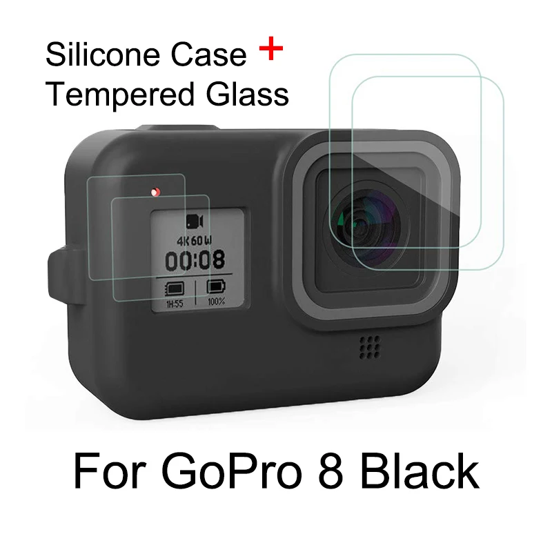 Силиконовый чехол для GoPro Hero 8, черное закаленное стекло, защита экрана, защитная пленка для объектива, чехол для Go Pro 8, аксессуары