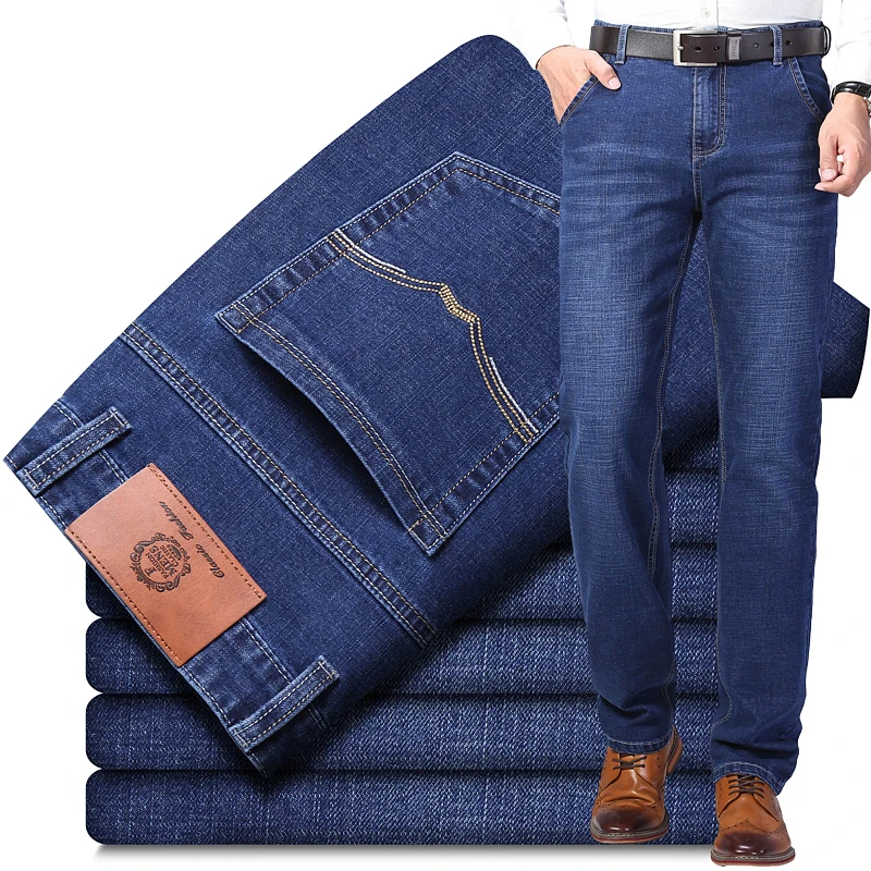 

Classic Style Men Jeans Business Casual Stretch Slim Denim Pants Light Blue Black Trousers Male