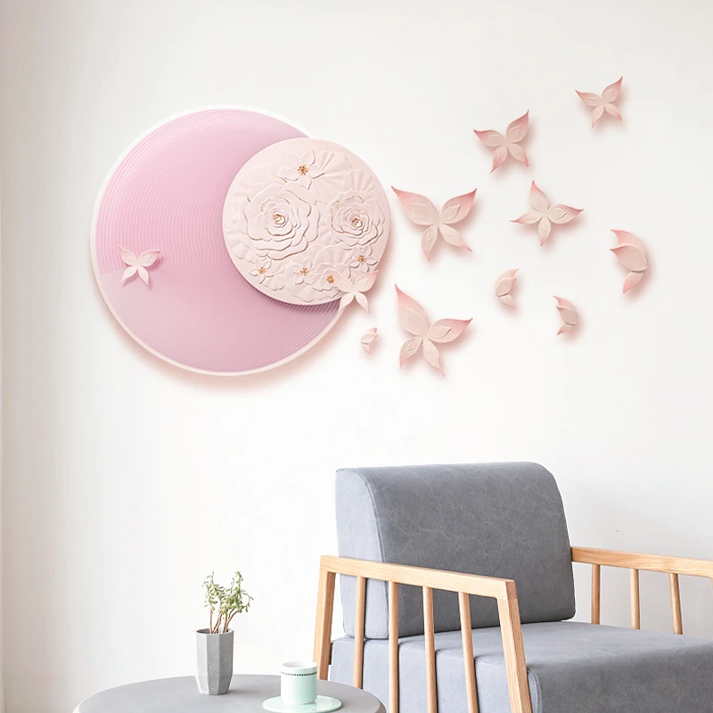 

Nordic Resin Pink Butterfly Round Plate Wall Hanging Hotel Club Store Wall Sticker Decoration Home Livingroom Wall Mural Crafts