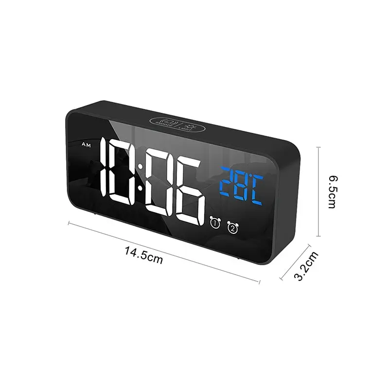 

Home Bedroom Living Room Rechargeable Bedside Music Clock LED Mirror Alarm Clock Sound Activated Clock Temperature Date Display