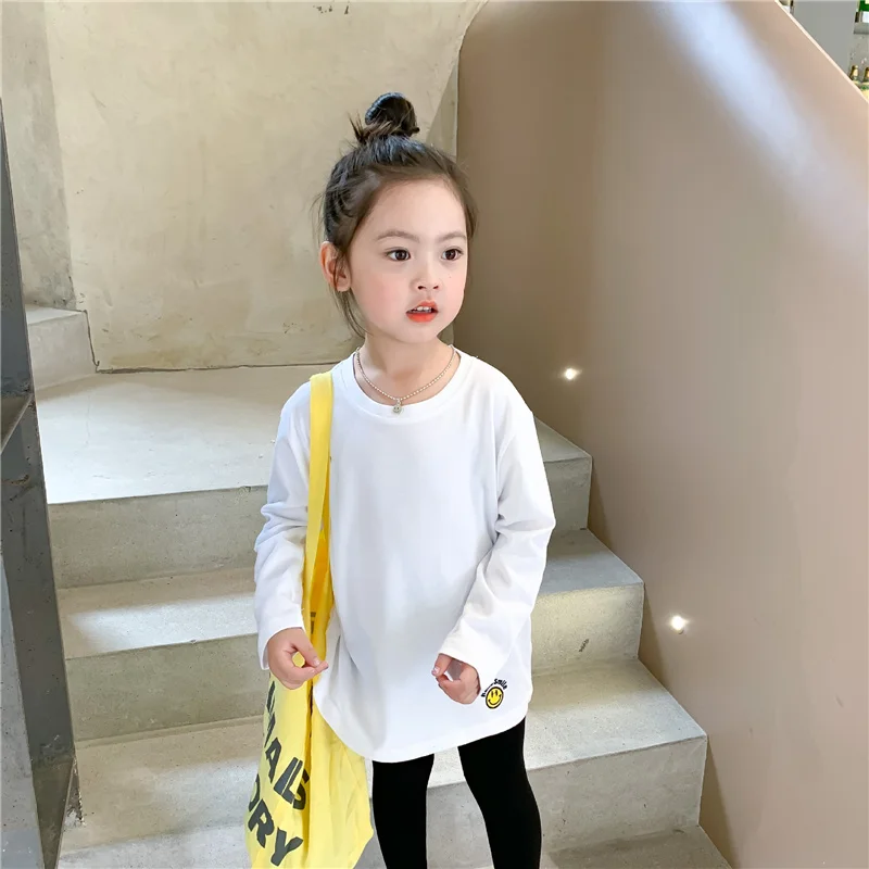 Camisetas de estilo largo con bordado de sonrisa para ni&ntilde;as, camisas de manga larga para ni&ntilde;os, Tops b&aacute;sicos de algod&oacute;n holgados para oto&ntilde;o, 2021-1