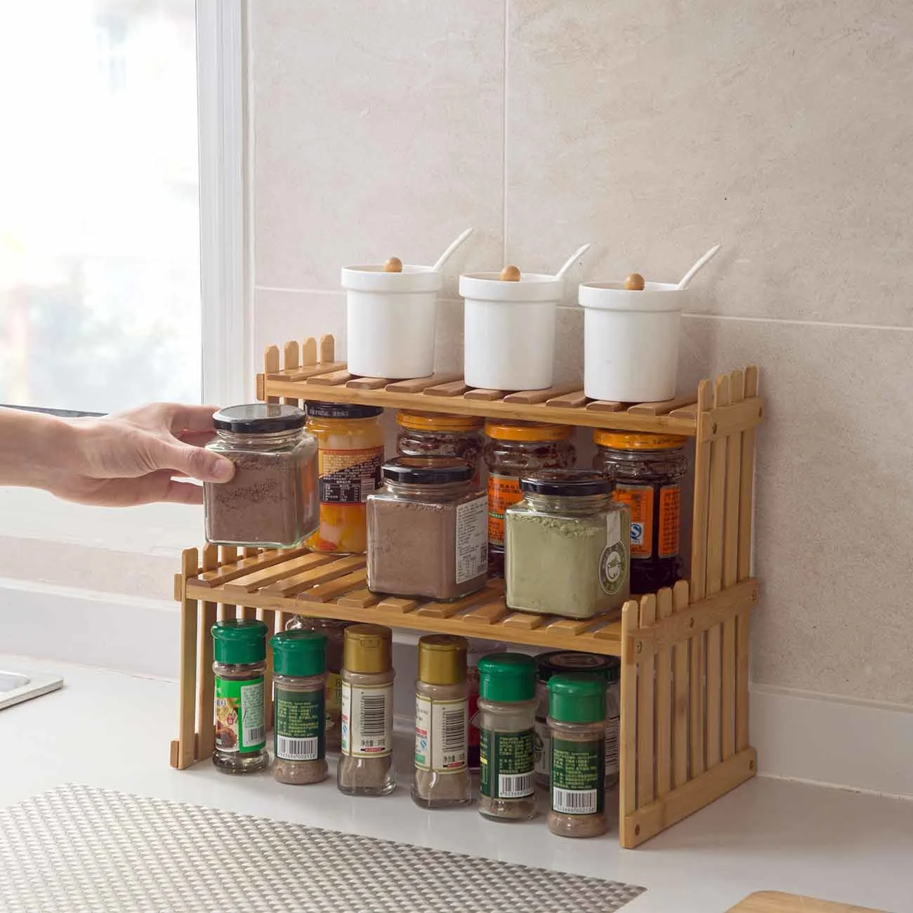 

Bamboo storage shelf for kitchen, 2-layer, spice bottle, decoration, shelf, organizer, desktop, home