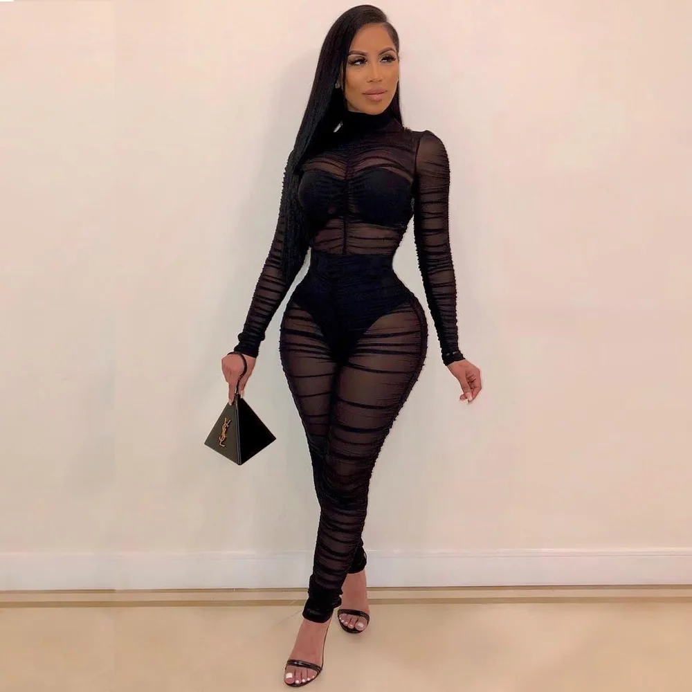

Oluolin Sexy Mesh Jumpsuit See Through One Piece Set Turtleneck Bodysuit Long Sleeve Black Sets Skinny Outfit Valentine's Day