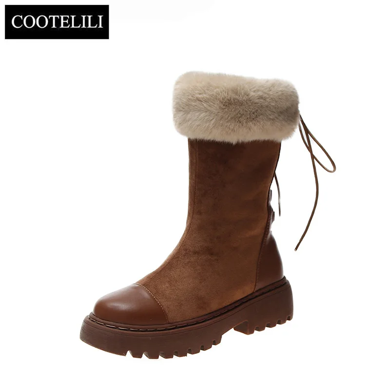 COOTELILI Suede Leather Boots Botines Mujer Warm Plush For Women Lace up Black Fashion Mid-Calf Casual Shoes Woman |