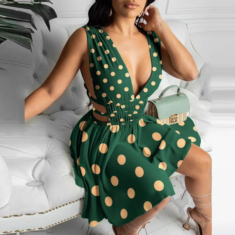 

Printed Dress Women's Clothing 2021 Summer New Fashion Sleeveless V-neck Wave Dot Printed Dresses Casual Ladies Clothes