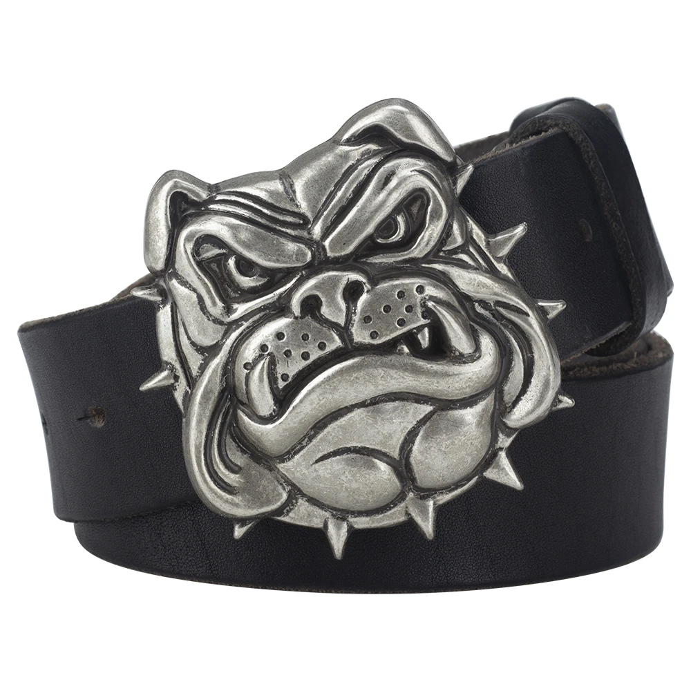 Bulldog Buckle Silver-plate Cowskin Leather Belt Fashion for Men Dog Head