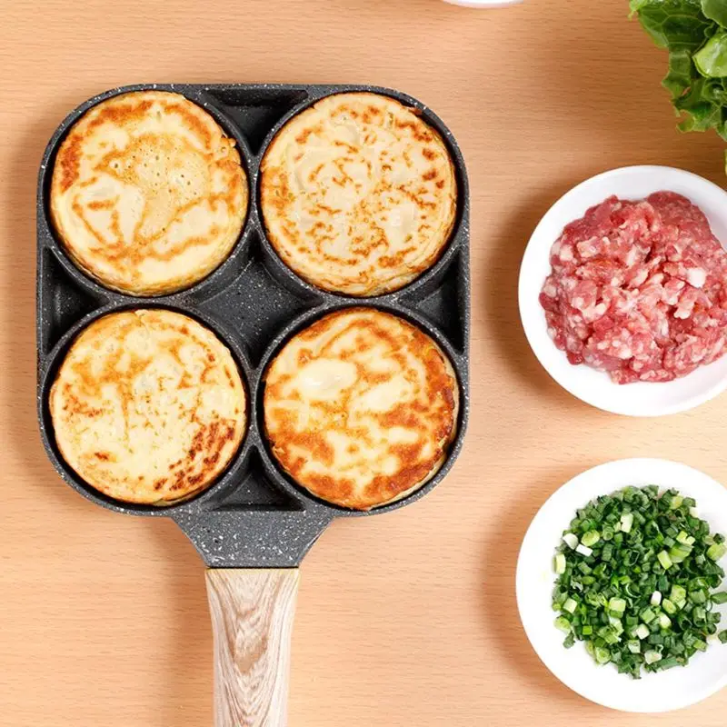 

4 Hole Omelet Pan for Burger Eggs Ham Pancake Maker Wooden Handle Frying Pot Non-stick Cooking Breakfast