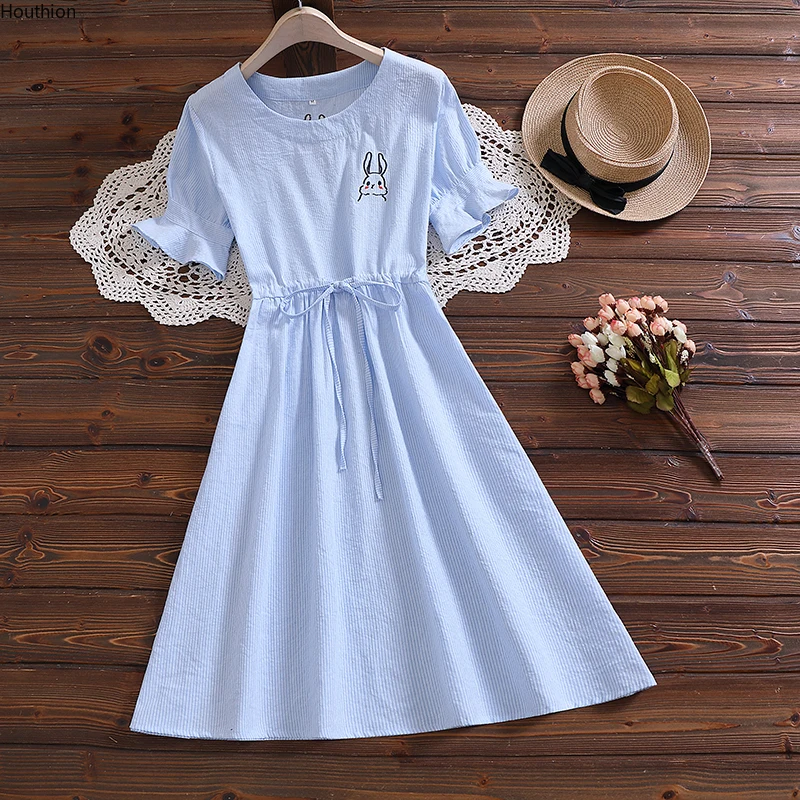 

Chiffon Loose Plus Size Women's Dress New Casual Dresses Mid-length Cartoon Fashion Short Sleeve Rabbit Print O-neck Houthion