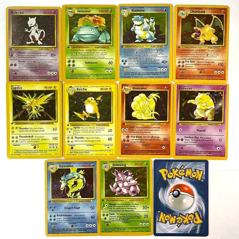 Juego de 10 unids/set de cartas de Pokemon Charizard Venusaur Mewtwo, colecci&oacute;n de cartas de batalla, juguetes para ni&ntilde;os, regalo, primera edici&oacute;n, 1996-1