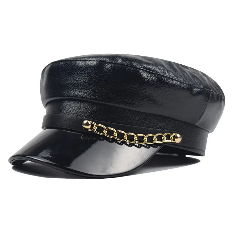 Берет из искусственной кожи в британском ретро-стиле однотонная блестящая