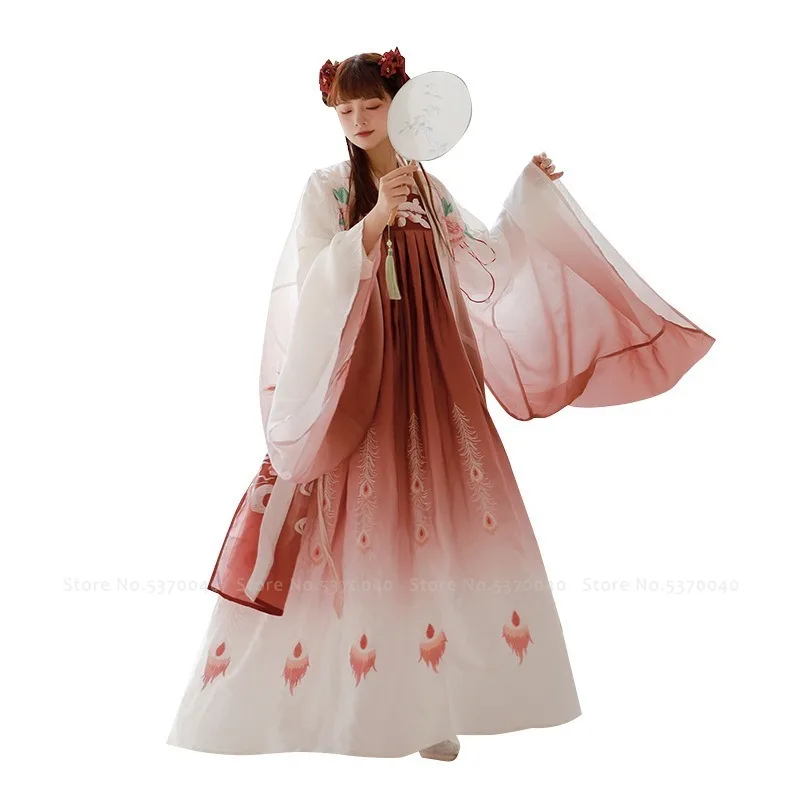 Женское платье в китайском стиле с вышивкой и градиентной юбкой| |