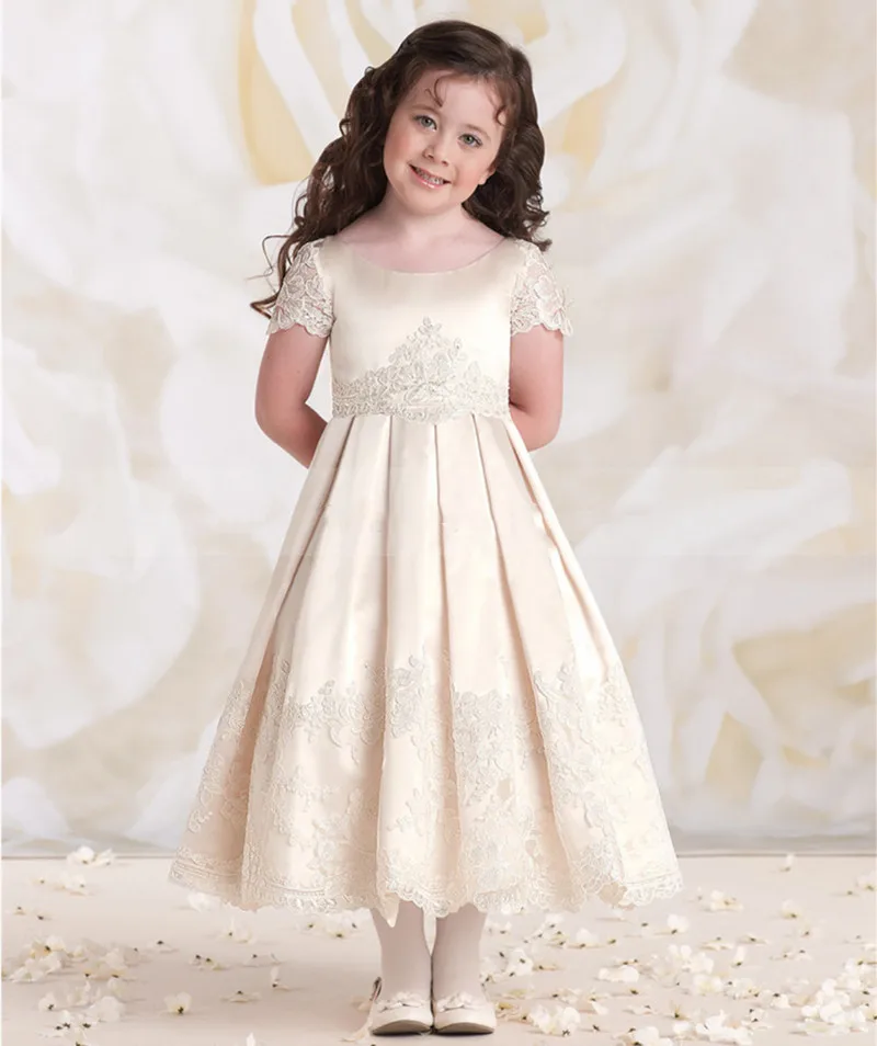 

Custom A-Line Flower Girl Dress Lace Satin Scoop Neck Children Birthday Party Dress Pageant Gown Costumes Longo