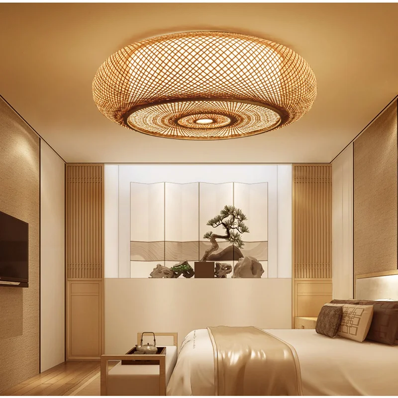 Плетеный вручную бамбуковый ротанговый круглый светильник потолочный в