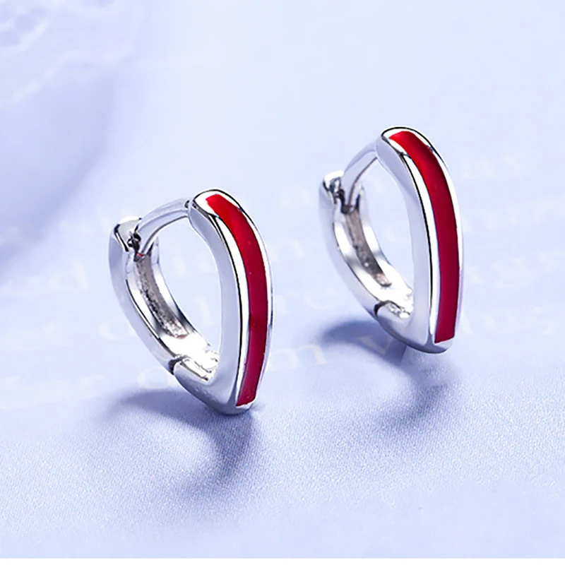 Серьги кольца из серебра 925 пробы с красной эмалью в форме сердца|Серьги-кольца| |