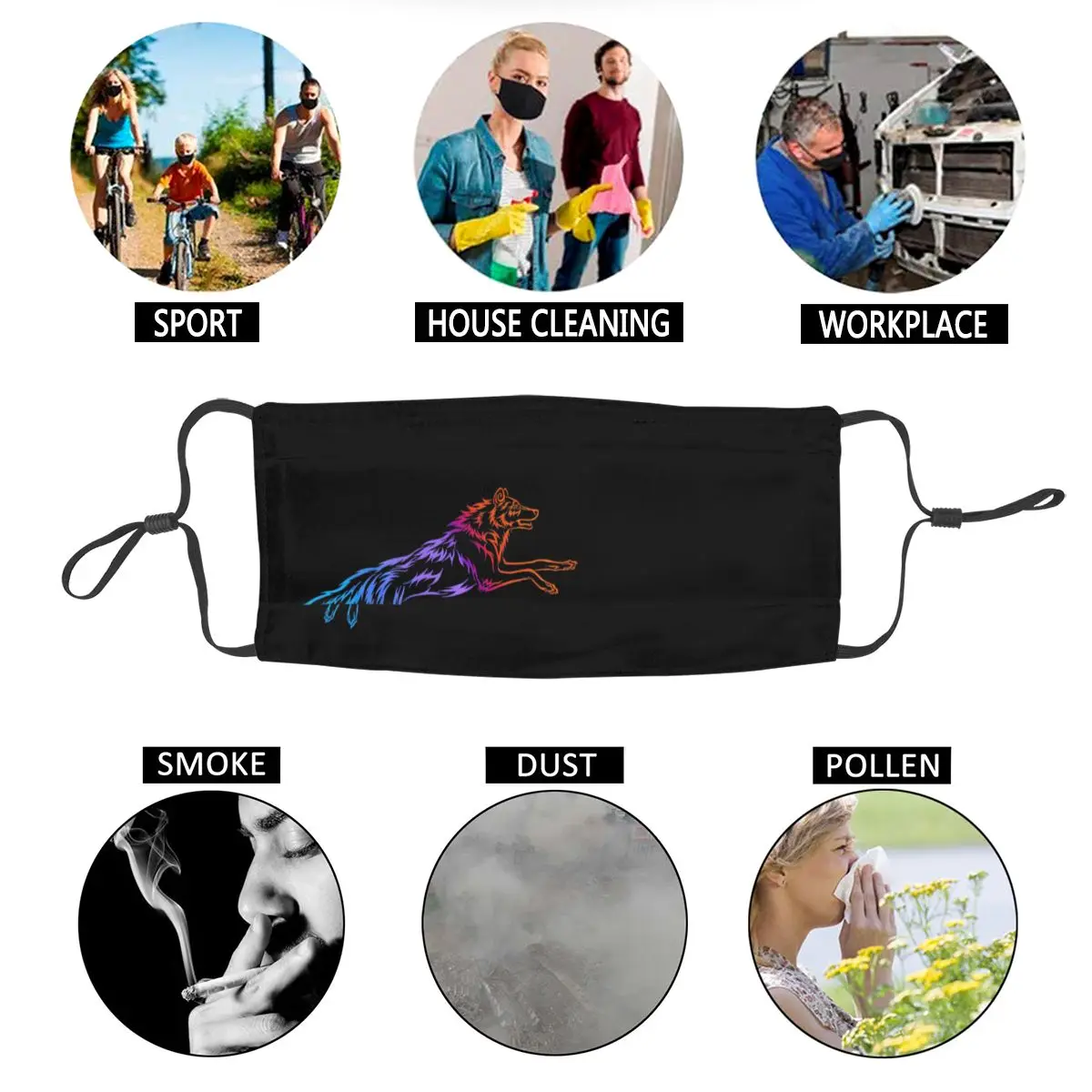 

Colorful Tribal Rainbow Running Wolf Washable Unisex Face Mask Animal Anti Haze Dust Protection Cover Respirator Mouth Muffle
