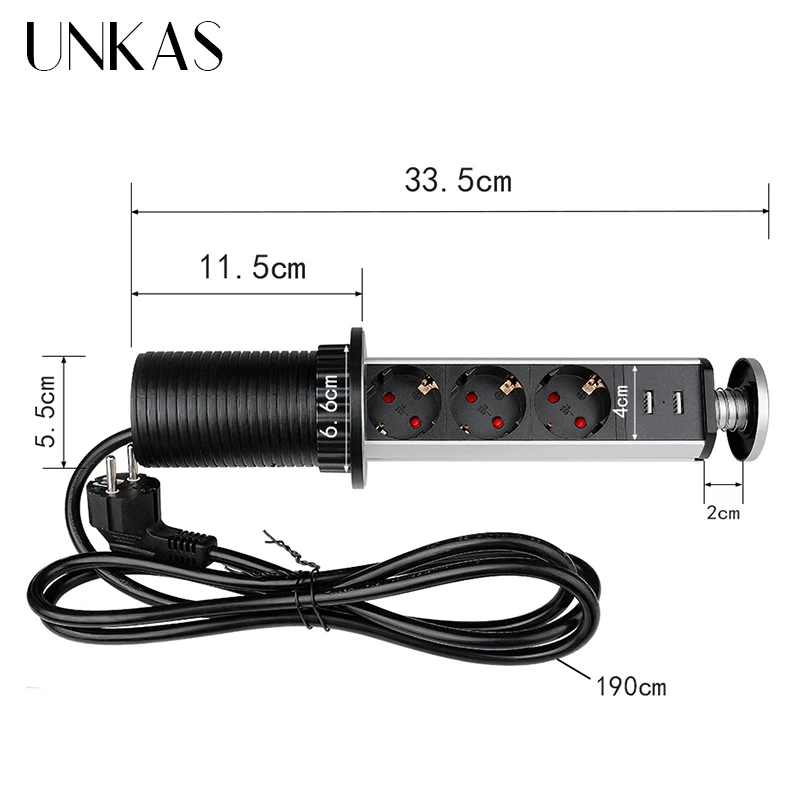 

UNKAS 16A PULL POP UP 3 Power EU Socket Port Kitchen Table Desktop Sockets Retractable Countertops French Plug