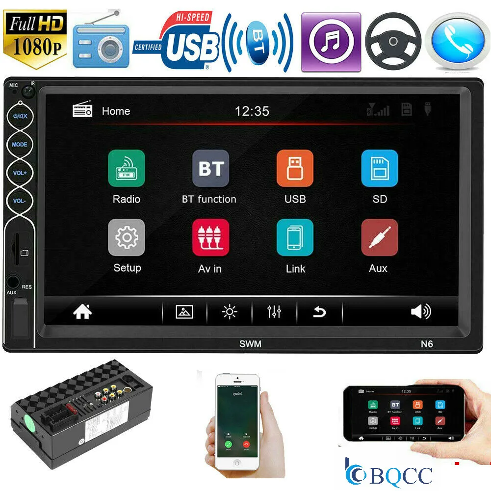 Автомобильный аудио 2DIN стерео MP5 плеер 7in BT USB AUX FM Радио Android IPhone XR Зеркало Ссылка авто сенсорный экран
