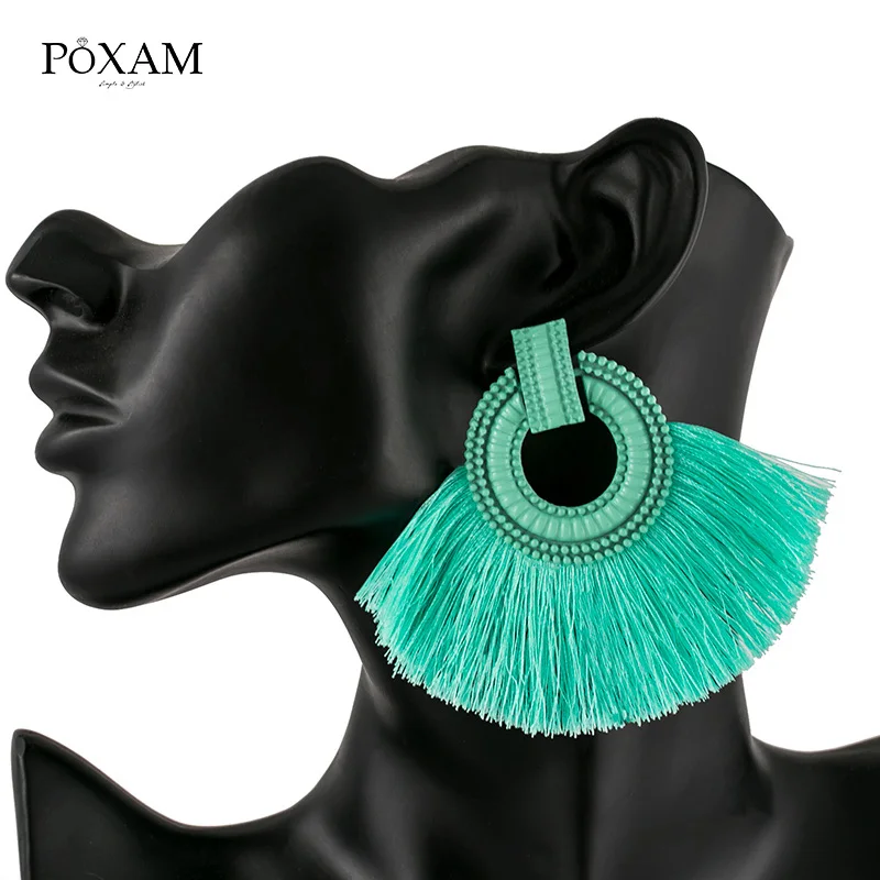 Type 20 POXAM, модные серьги с большими кисточками для женщин, красные, синие, желтые шелковые ткани, длинные висячие серьги с бахромой, Boho, свадебные массивные украшения - Окраска металла: Type 20