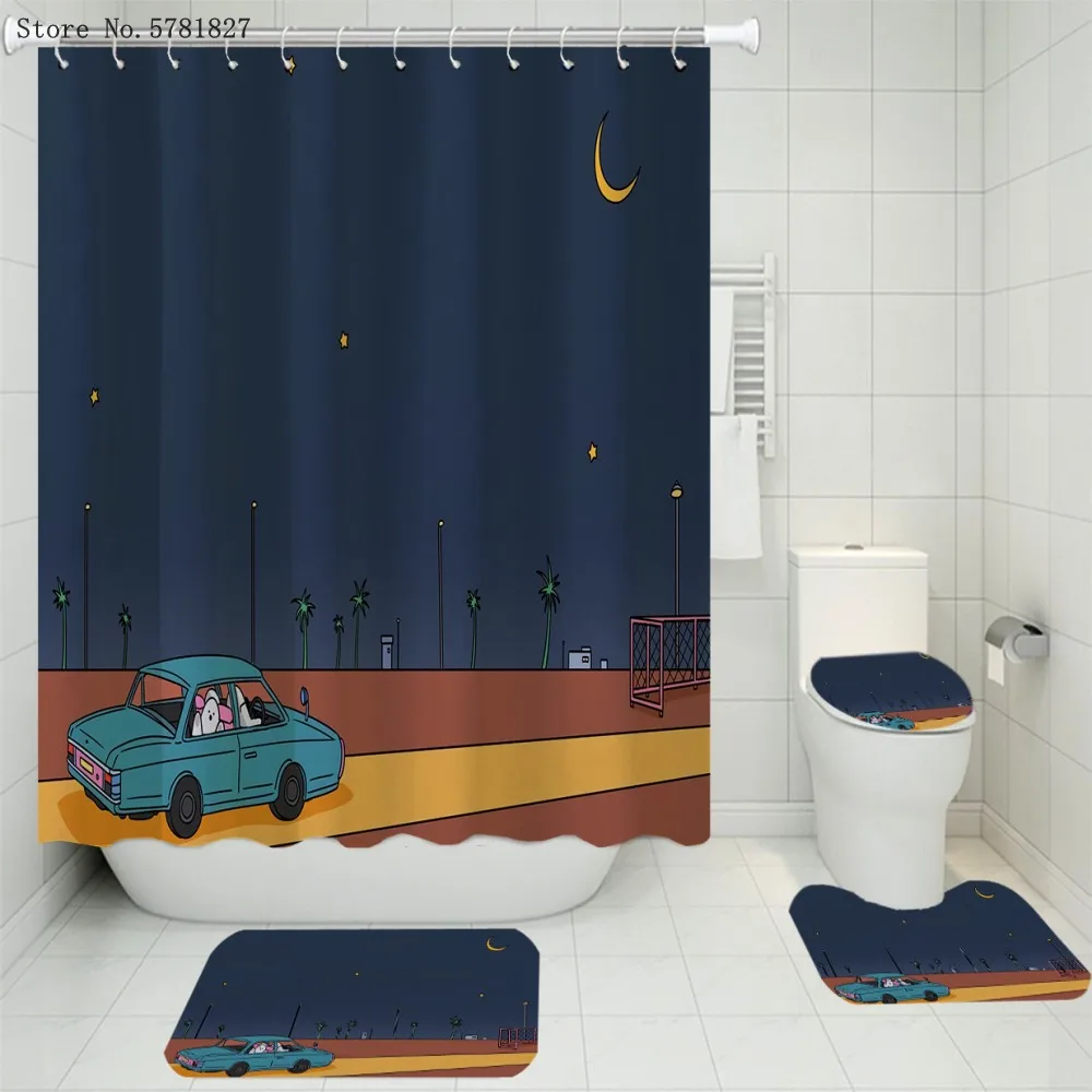 

3/4 Pieces Anime Cartoon Shower Curtains Sets Abstract Illustration Carpet Pedestal Rug Lid Toilet Cover Bath Mat Bathroom Set