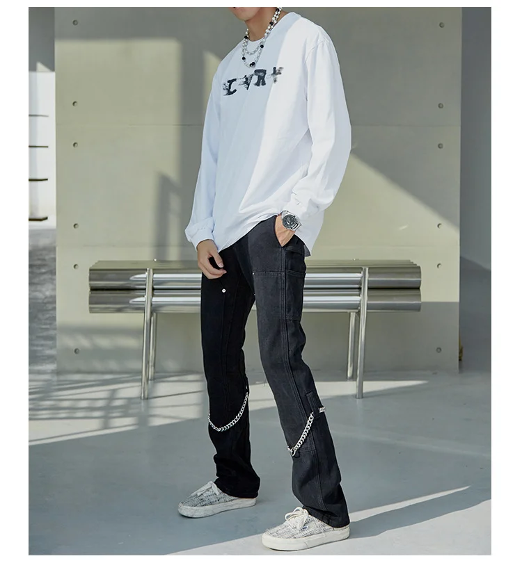 2021 Chain Decoration Black Slim Men Hip Hop Jeans Pencil Pants Solid Casual Gothic Denim Trousers Korean Fashion Pantaloni Uomo
