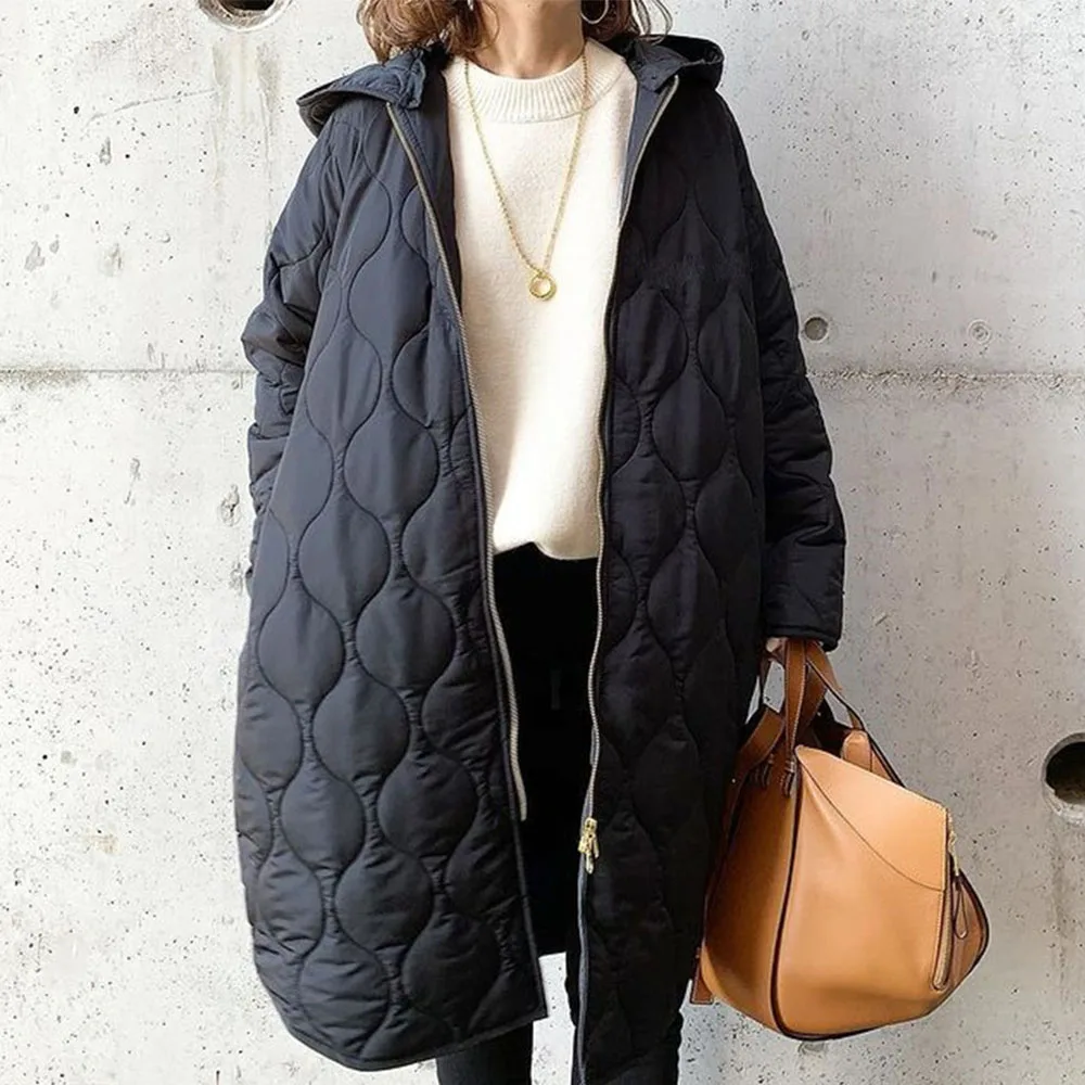 

Cotton Padded Jacket Women Hooded Casual Lady Mid-length Black Long-sleeved Coat Autumn Winter Warmth Fashion Zipper Coat