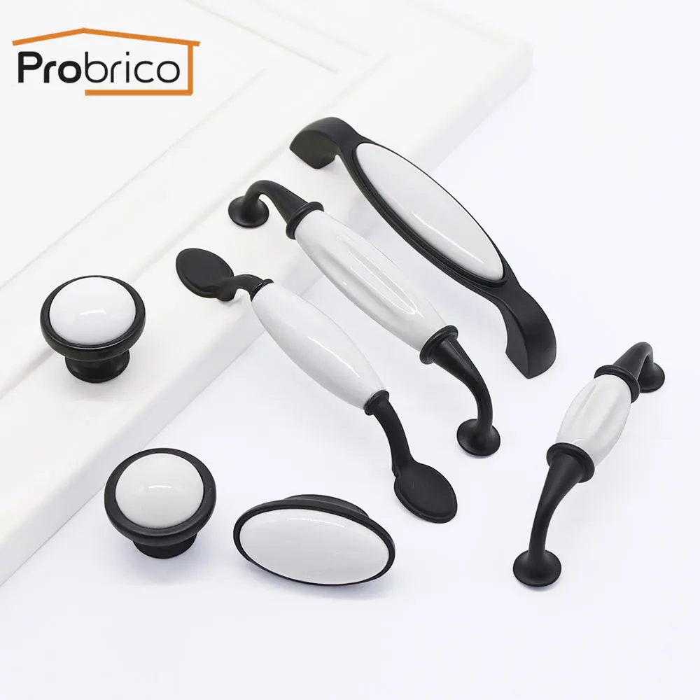 Probrico Black White Cabinet Handles Rural Style Ceramic Drawer Pulls Crackle Kitchen door and Knobs Furniture | Обустройство дома