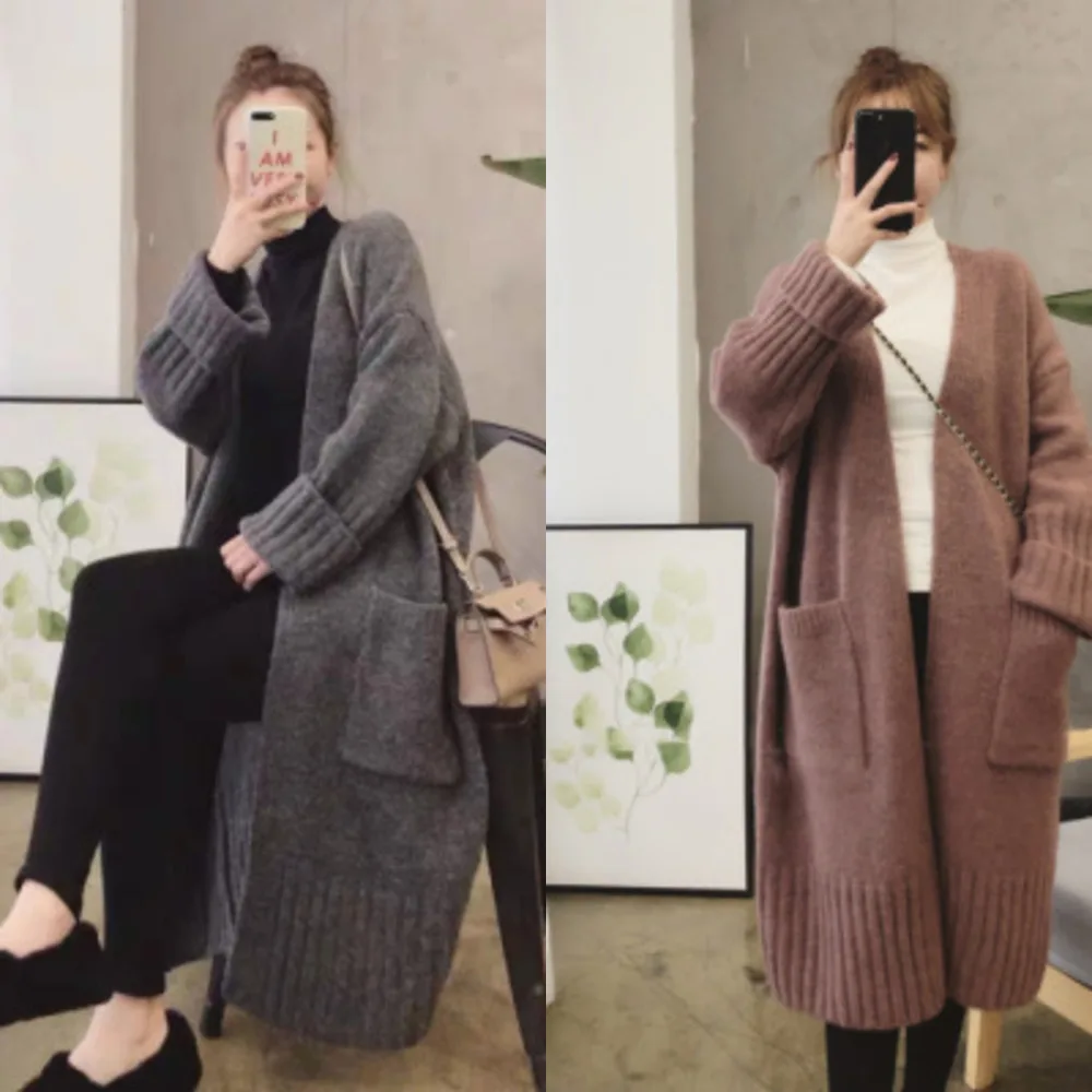 

New Knitted 2020 Cardigan Women's Autumn Winter Korean Style Solid Long Loose Lazy Style Sweater Coat Thick Ladies