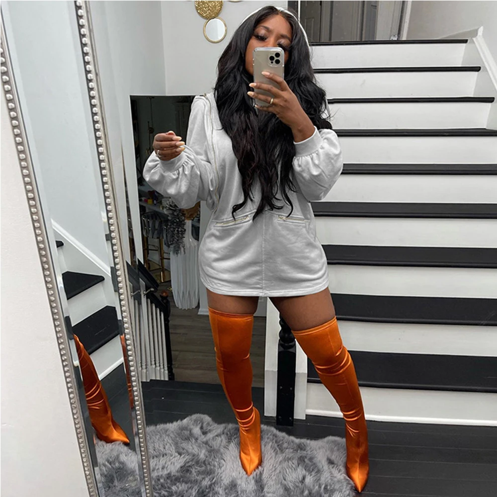 

Harajuku Solid Women's Casual Hoodie Dresses Hipster Off Shoulder Long Sleeve Sweatshirt Dress Streetwear Zipper Hooded Vestidos