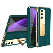 Luxury Leather Plating Frame Phone Case for Samsung Galaxy Z Fold 2 5G with Foldable Kickstand and Front Cover Screen Glass Film