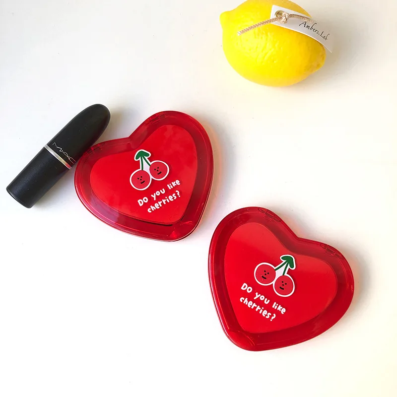 red 2pcs Ins girl love cherry двухстороннее зеркало карманное зеркало портативный флип мини труба студенческое зеркало для макияжа - Цвет: red 2pcs