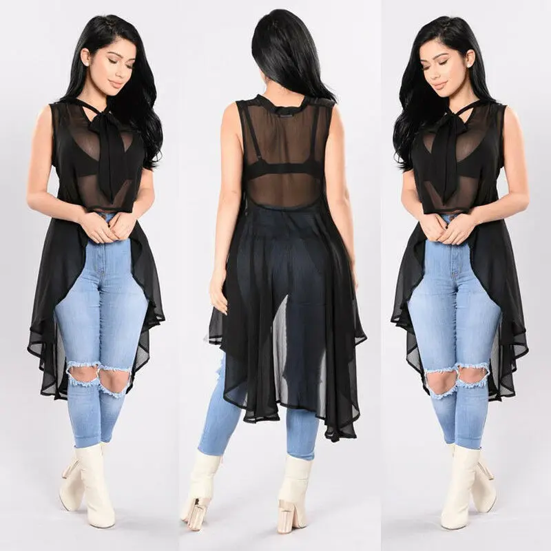 

Women Sexy Transparent Fluoroscopy Sleeveless Loose Blouse Casual Shirt Summer Tops Summer Bikini Swim Cover Up Clothes