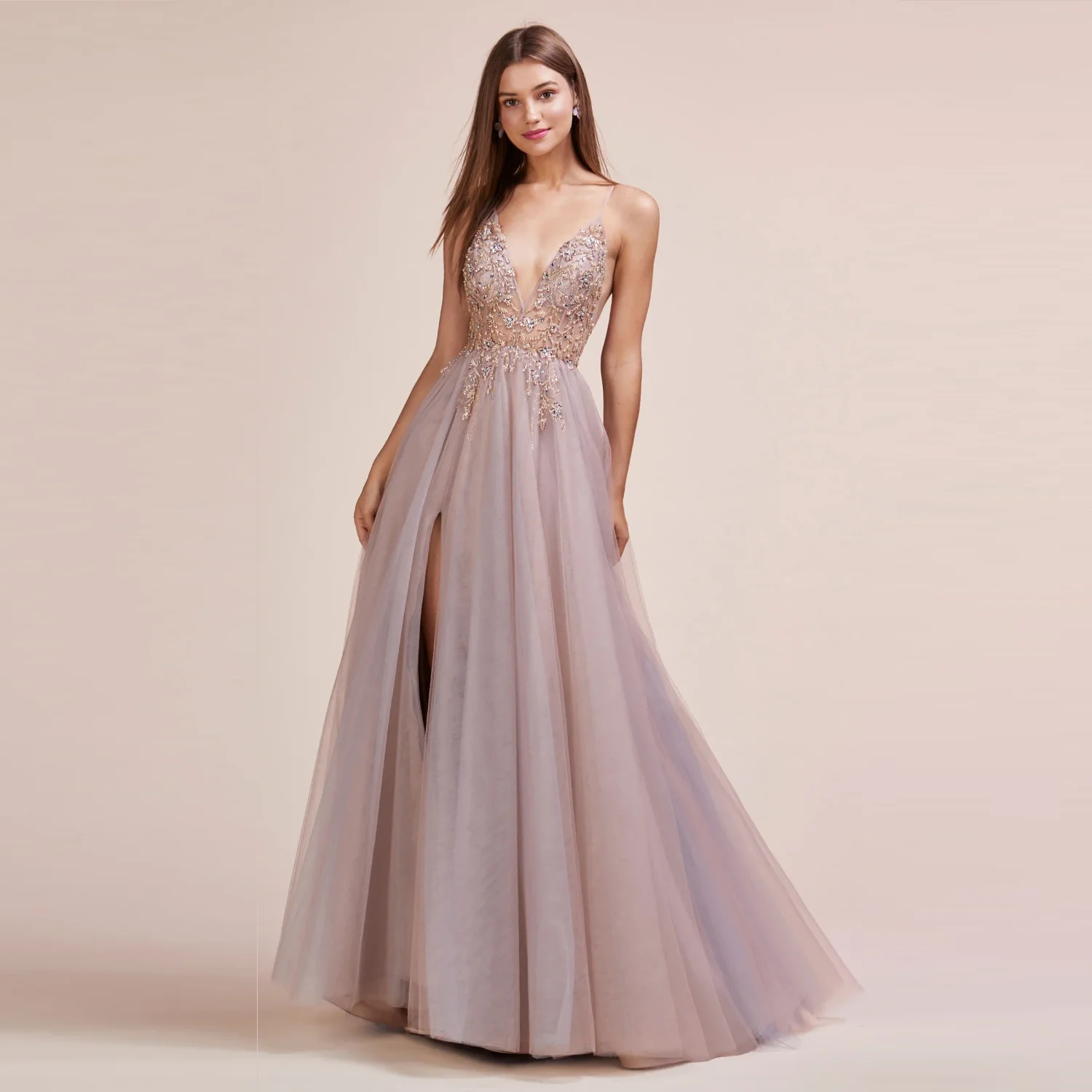 

Women Couture Long Bead Strap Tulle Gown Sexy V-Neck Spaghetti Straps Sequins Crystals Evening Dresses Long Prom Dress Slit Gown