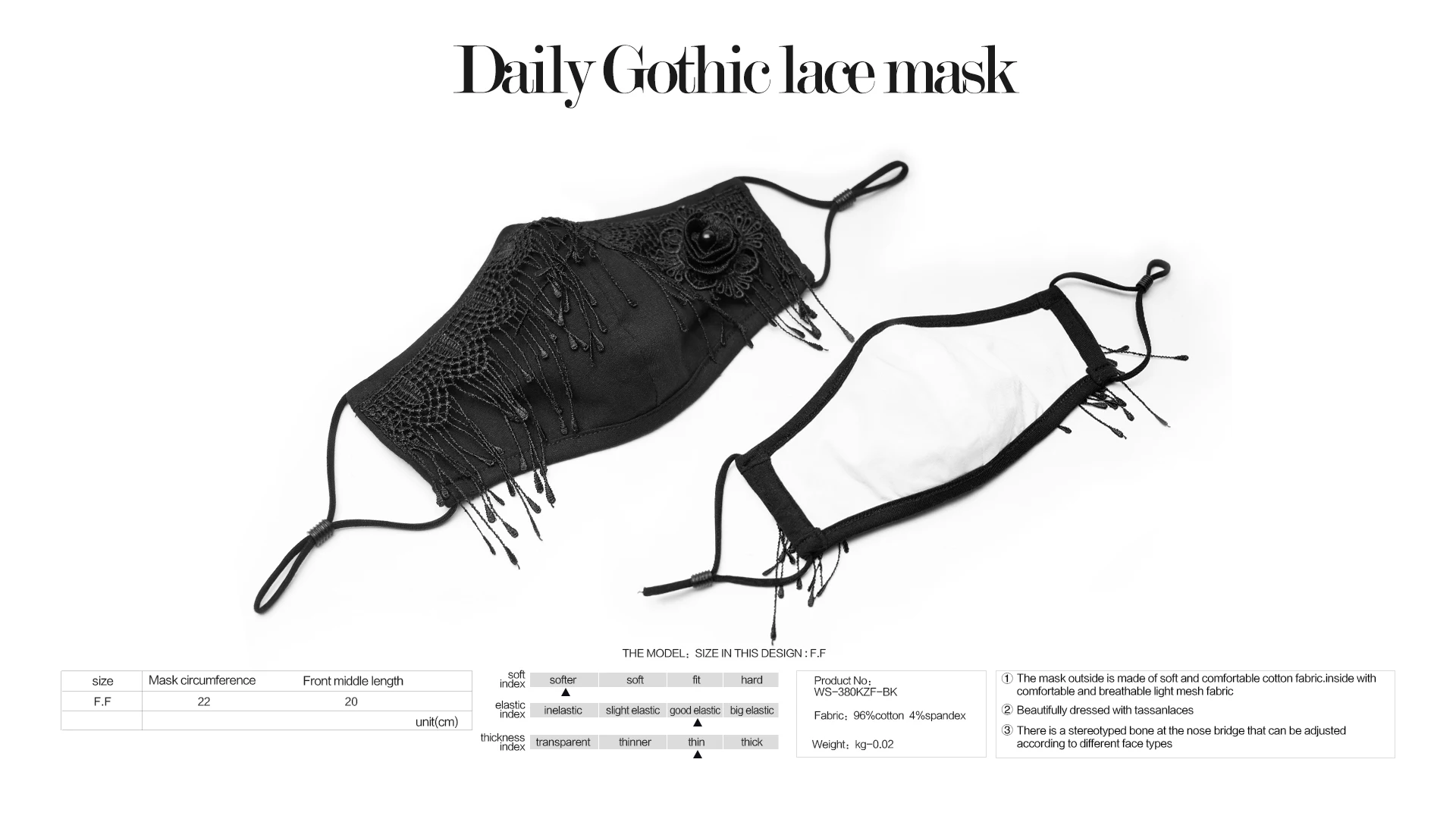 

PUNKRAVE Women's Gothic Lace Tassel Mask Cotton Daily Protection Adjustable Ear Hook Party Masks