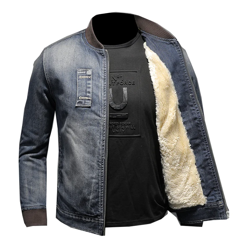 

Men's Warm Thick Denim Jacket Fashion Baseball Uniform Coat Polar Fleece Lining Denim