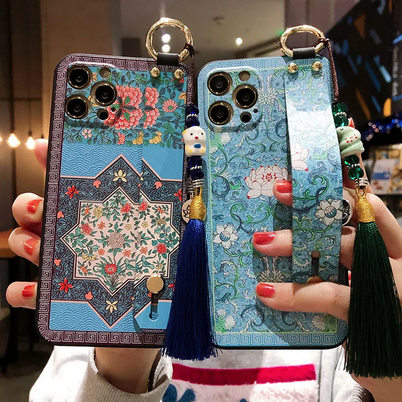 

3D Embossed Phone Case For iphone XR X Xs max 11 Pro Max 12 mini Cases For iphone 7 8 6s plus SE Wrist Strap Capa Tassel Covers