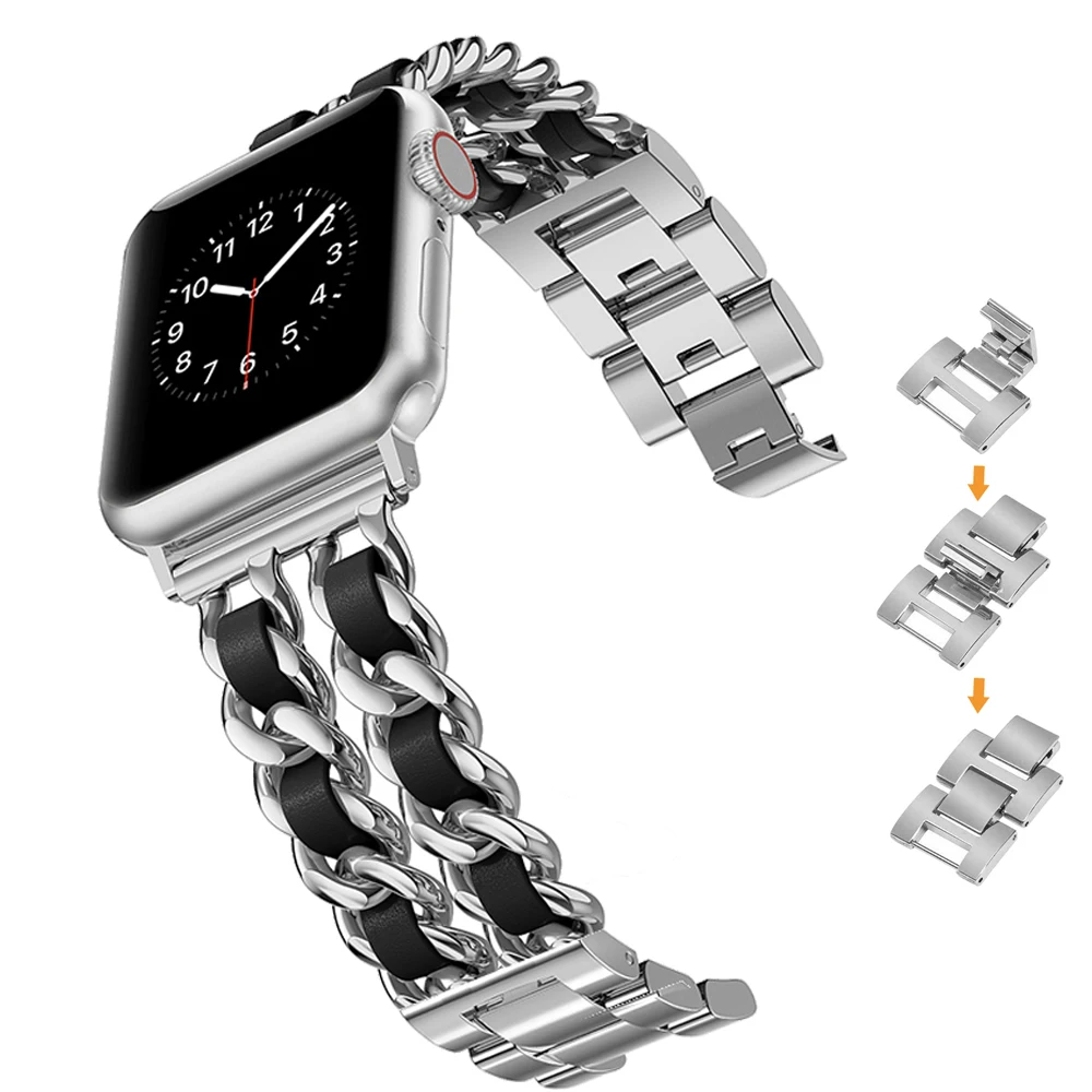 

Strap for Apple Watch series 7 41mm 45mm Chain Leather Metal Bracelet Watchbands for iWatch 6 5 4 3 44mm 42mm 40mm 38mm Band