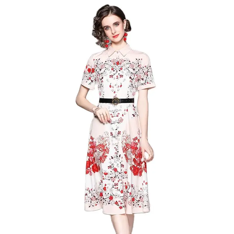 

All Match Slim Cardigan Flower Women Dress with Belt Short Sleeve Polo Collar Spring Summer Mid Length Clothing