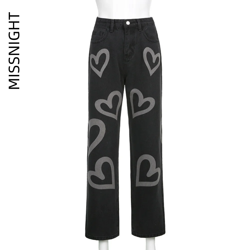 

Missnight Jeans Wide Leg Heart Print Woman Jeans S-2XL Baggy Jeans For Women Denim Straight Pants Women High Waist Zipper Fly
