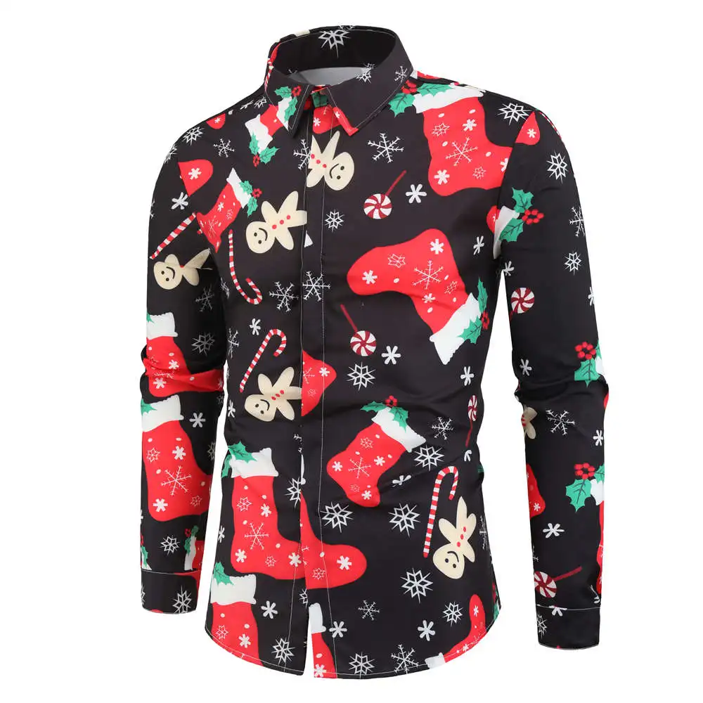 Camisa masculina мужская повседневная Рождественская рубашка с принтом Санта