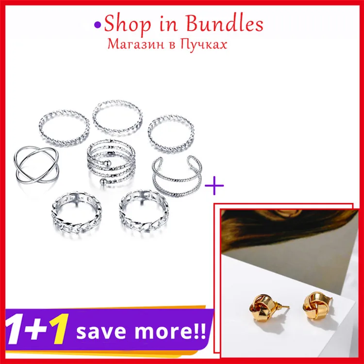 Shop In Bundles Мода золотого и серебряного цвета витой набор колец для Для женщин девочек Винтаж с украшением в виде кольца костяшки кольца 8 шт./компл. Женская обувь в стиле «панк», сделай сам, ювелирное изделие - Цвет основного камня: Shop In Bundles