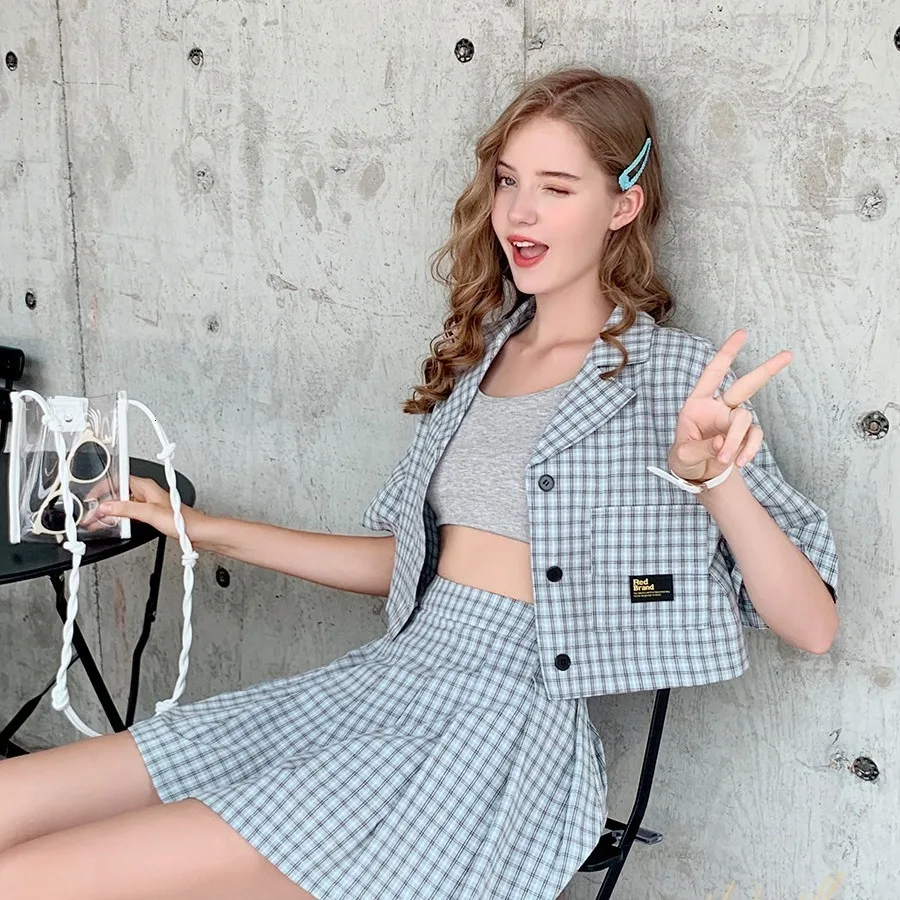 Женский винтажный комплект из рубашки с коротким рукавом и плиссированной юбки| |